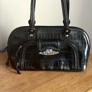 M.C. Marc Chantal Black Crocodile Embossed Leather Shoulder Handbag Purse